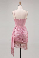 Laden Sie das Bild in den Galerie-Viewer, Pinkes Bodycon-Korsett mit gerafftem Fransen, kurzem Homecoming-Kleid mit Ärpe