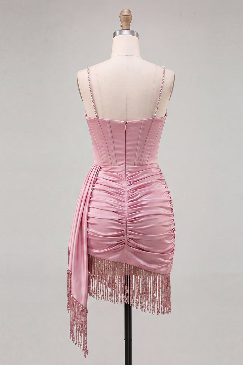 Laden Sie das Bild in den Galerie-Viewer, Pinkes Bodycon-Korsett mit gerafftem Fransen, kurzem Homecoming-Kleid mit Ärpe