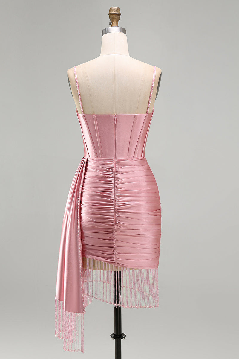 Laden Sie das Bild in den Galerie-Viewer, Pinkes Bodycon Korsett Gerafftes Fransen Kurzes Abendkleid