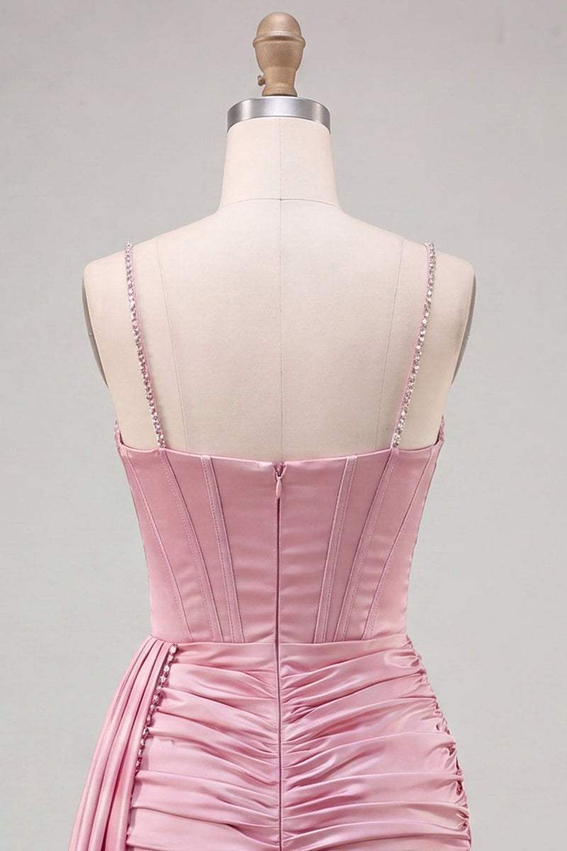 Laden Sie das Bild in den Galerie-Viewer, Pinkes Bodycon-Korsett mit gerafftem Fransen, kurzem Homecoming-Kleid mit Ärpe