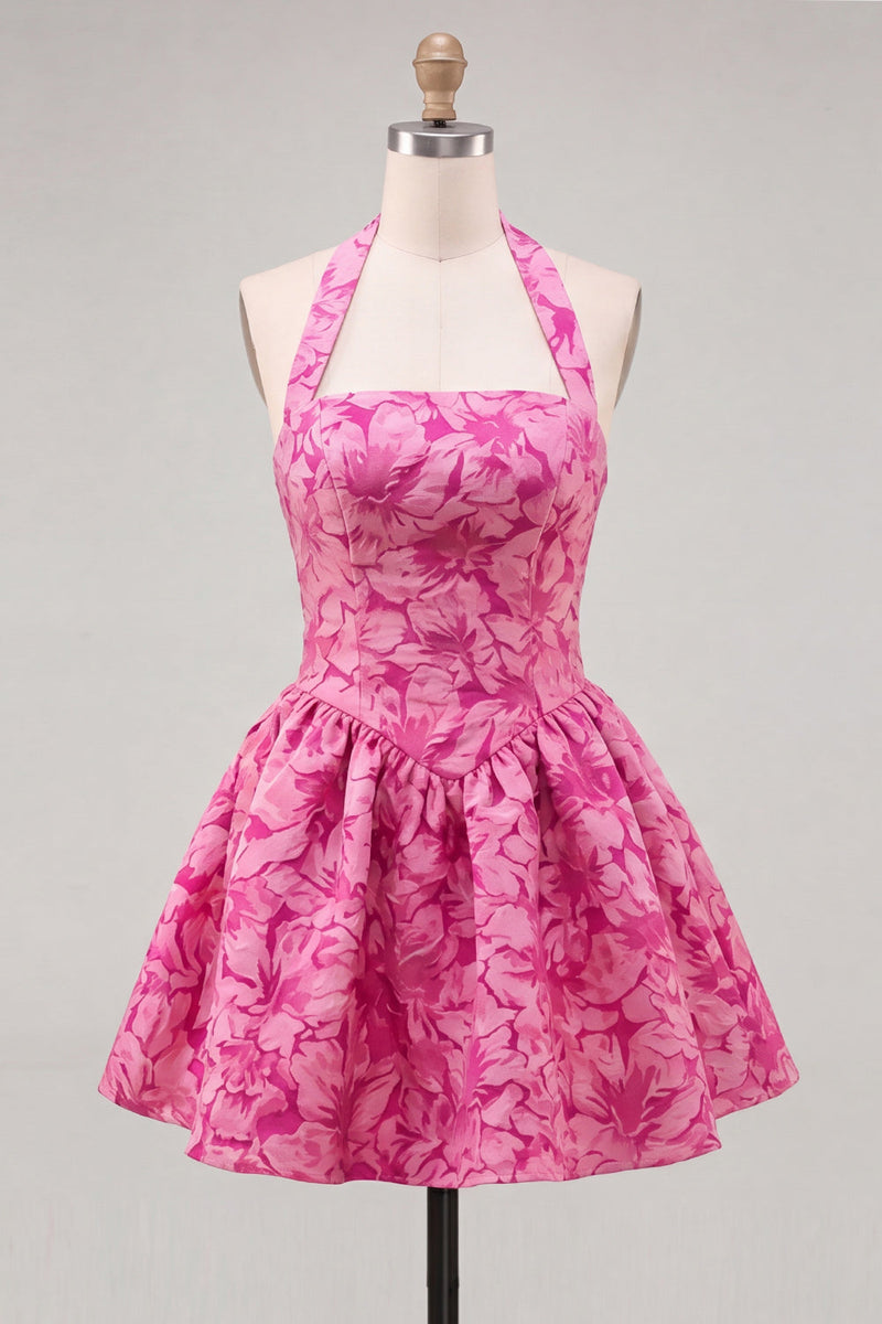 Laden Sie das Bild in den Galerie-Viewer, A-Line fuchsiafarbener Halterhals Jacquard Floral Kurzes Homecoming-Kleid
