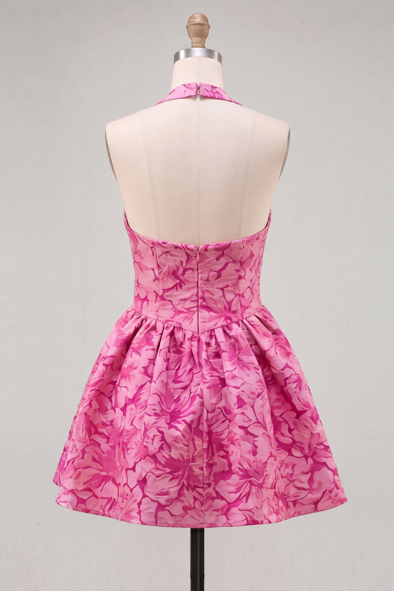 Laden Sie das Bild in den Galerie-Viewer, A-Line fuchsiafarbener Halterhals Jacquard Floral Kurzes Homecoming-Kleid