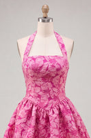 Laden Sie das Bild in den Galerie-Viewer, A-Line fuchsiafarbener Halterhals Jacquard Floral Kurzes Homecoming-Kleid
