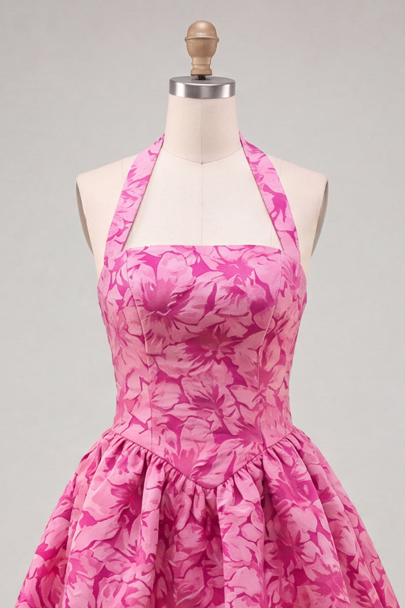 Laden Sie das Bild in den Galerie-Viewer, A-Line fuchsiafarbener Halterhals Jacquard Floral Kurzes Homecoming-Kleid