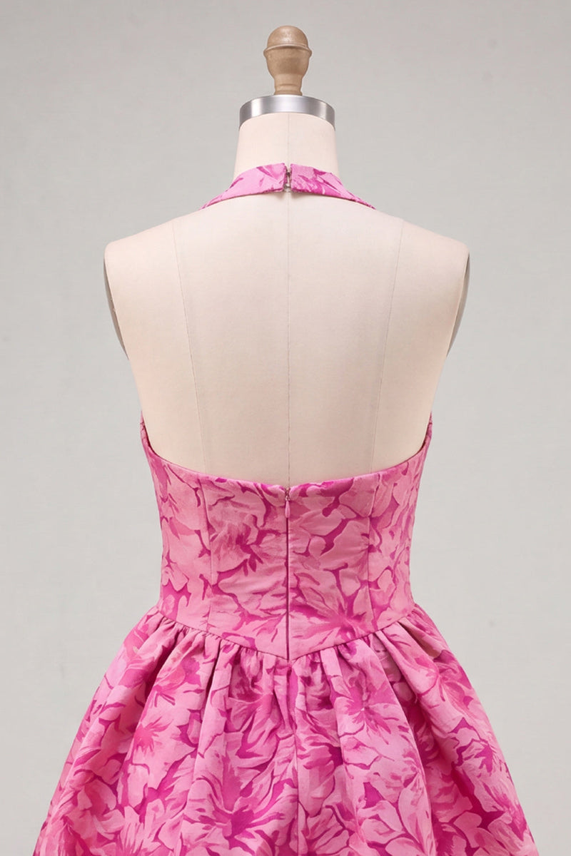 Laden Sie das Bild in den Galerie-Viewer, A-Line fuchsiafarbener Halterhals Jacquard Floral Kurzes Homecoming-Kleid
