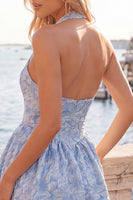Laden Sie das Bild in den Galerie-Viewer, A-Line fuchsiafarbener Halterhals Jacquard Floral Kurzes Homecoming-Kleid