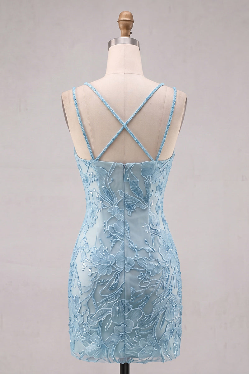 Laden Sie das Bild in den Galerie-Viewer, Hellblaues Bodycon Spaghetti-Träger – blumiges kurzes Homecoming-Kleid mit Perlen