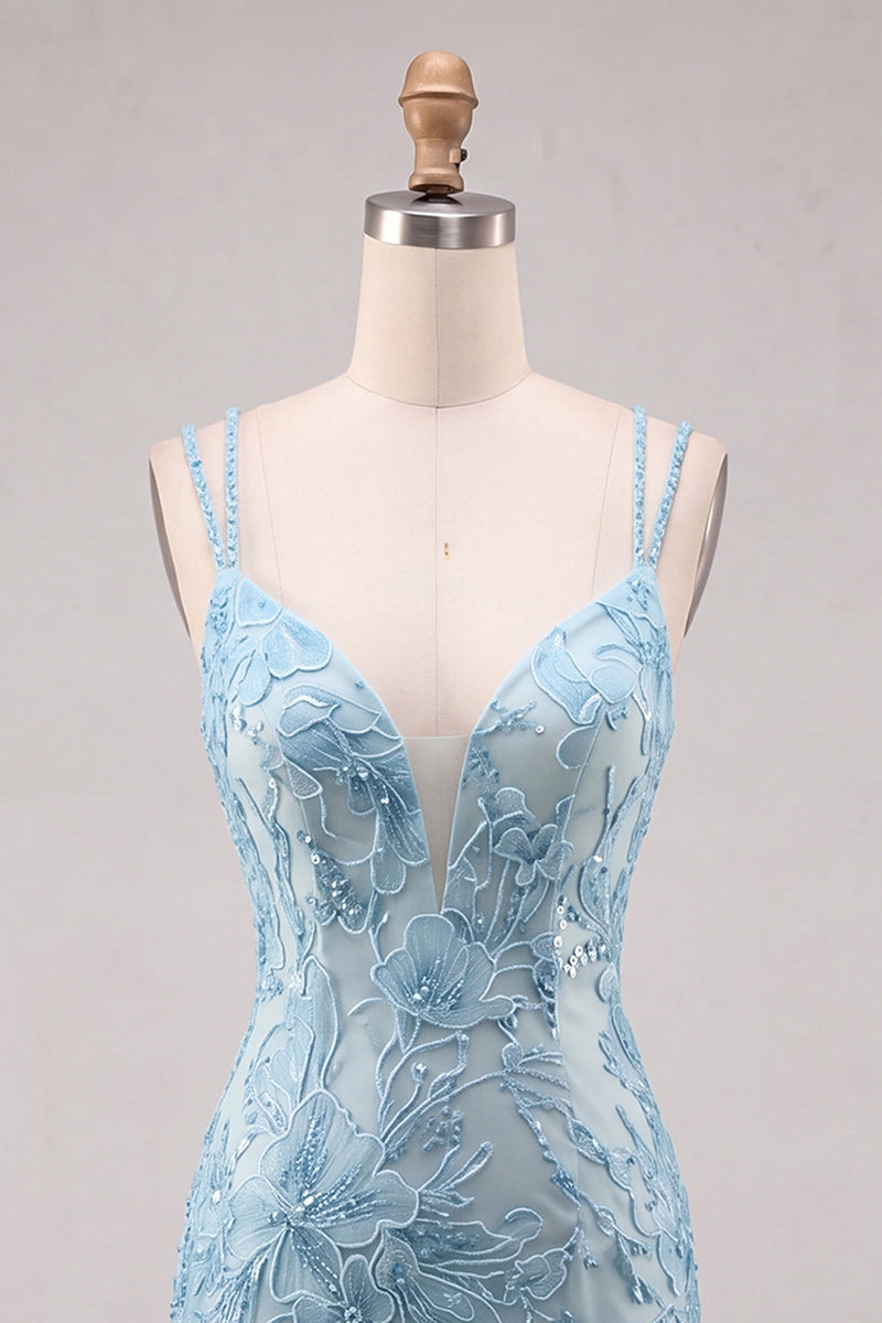 Laden Sie das Bild in den Galerie-Viewer, Hellblaues Bodycon Spaghetti-Träger – blumiges kurzes Homecoming-Kleid mit Perlen