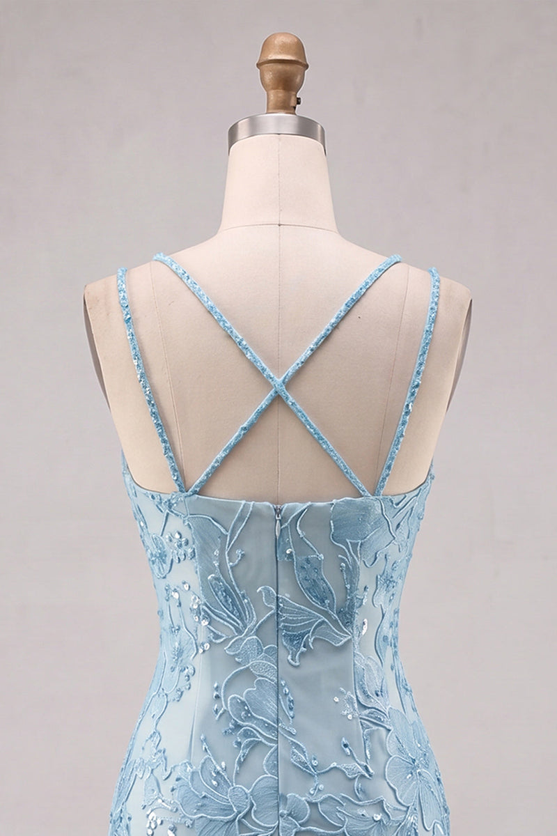 Laden Sie das Bild in den Galerie-Viewer, Hellblaues Bodycon Spaghetti-Träger – blumiges kurzes Homecoming-Kleid mit Perlen