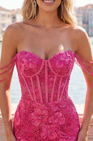 Laden Sie das Bild in den Galerie-Viewer, Perlen-Off-the-Shoulder-Rosa Korsett-Blumen-Homecoming-Kleid mit Pailletten