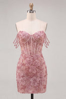 Laden Sie das Bild in den Galerie-Viewer, Perlen-Off-the-Shoulder-Rosa Korsett-Blumen-Homecoming-Kleid mit Pailletten