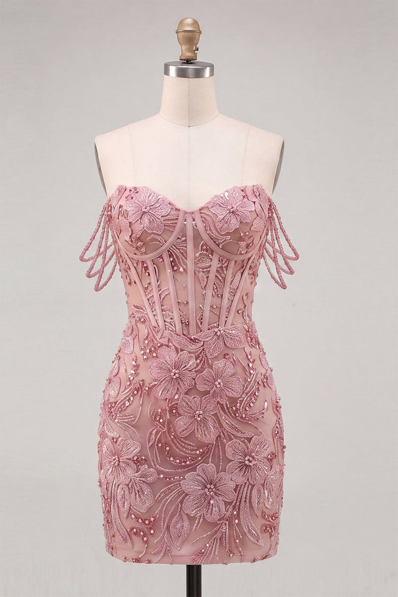 Laden Sie das Bild in den Galerie-Viewer, Perlen-Off-the-Shoulder-Rosa Korsett-Blumen-Homecoming-Kleid mit Pailletten
