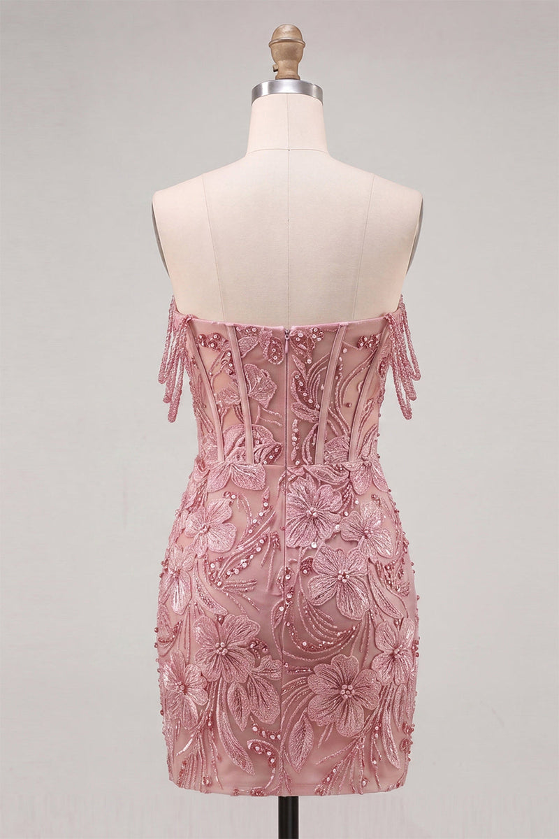 Laden Sie das Bild in den Galerie-Viewer, Perlen-Off-the-Shoulder-Rosa Korsett-Blumen-Homecoming-Kleid mit Pailletten