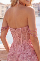 Laden Sie das Bild in den Galerie-Viewer, Perlen-Off-the-Shoulder-Rosa Korsett-Blumen-Homecoming-Kleid mit Pailletten