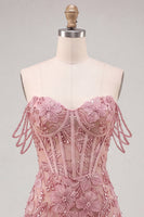 Laden Sie das Bild in den Galerie-Viewer, Perlen-Off-the-Shoulder-Rosa Korsett-Blumen-Homecoming-Kleid mit Pailletten