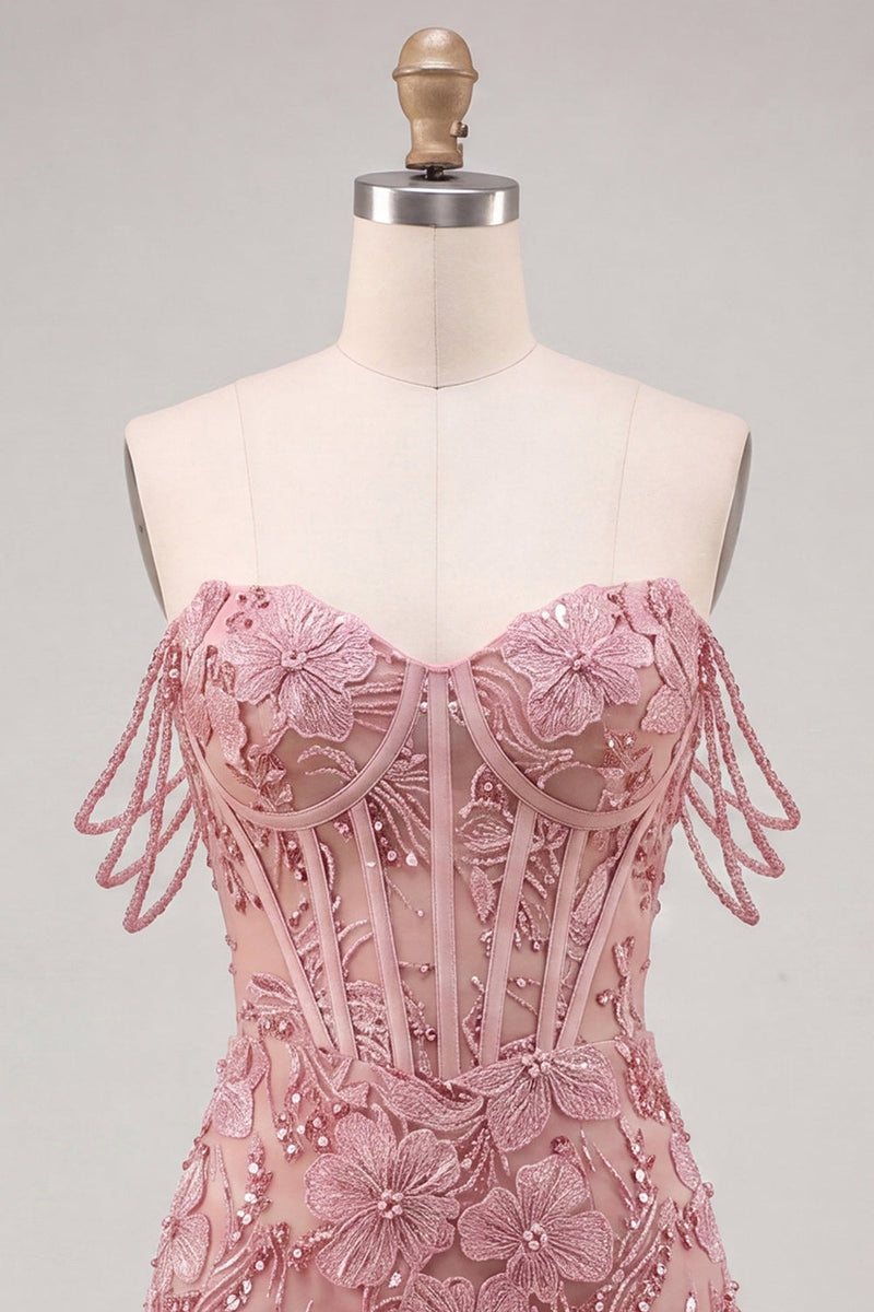Laden Sie das Bild in den Galerie-Viewer, Perlen-Off-the-Shoulder-Rosa Korsett-Blumen-Homecoming-Kleid mit Pailletten