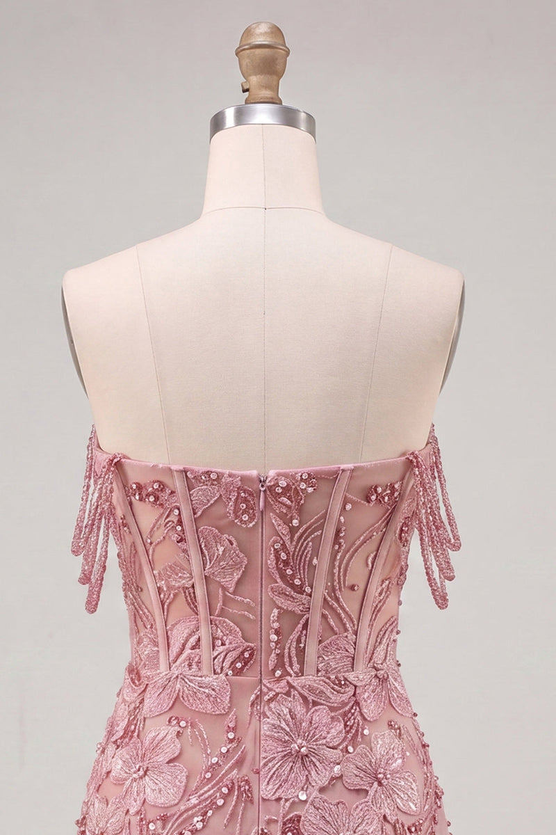 Laden Sie das Bild in den Galerie-Viewer, Perlen-Off-the-Shoulder-Rosa Korsett-Blumen-Homecoming-Kleid mit Pailletten