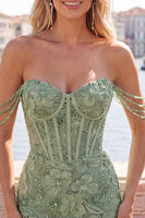 Laden Sie das Bild in den Galerie-Viewer, Perlen-Off-the-Shoulder-Rosa Korsett-Blumen-Homecoming-Kleid mit Pailletten