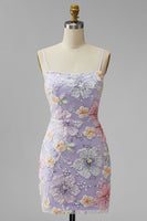 Laden Sie das Bild in den Galerie-Viewer, Flieder Floral Bodycon Spaghettiträger Kurzes Abendkleid mit Perlen