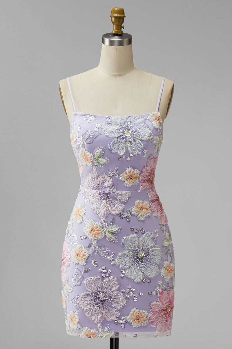Laden Sie das Bild in den Galerie-Viewer, Flieder Floral Bodycon Spaghettiträger Kurzes Abendkleid mit Perlen