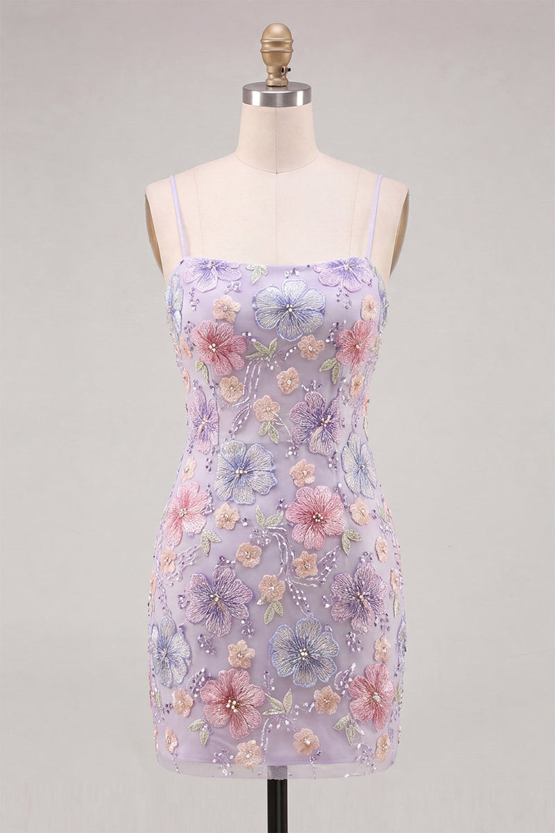 Laden Sie das Bild in den Galerie-Viewer, Fliederfarbener Floral Bodycon Spaghettiträger Kurzes Homecoming-Kleid mit Perlen