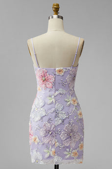 Flieder Floral Bodycon Spaghettiträger Kurzes Abendkleid mit Perlen