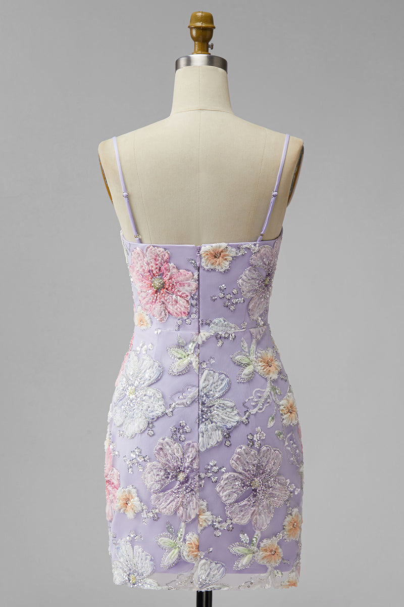 Laden Sie das Bild in den Galerie-Viewer, Flieder Floral Bodycon Spaghettiträger Kurzes Abendkleid mit Perlen