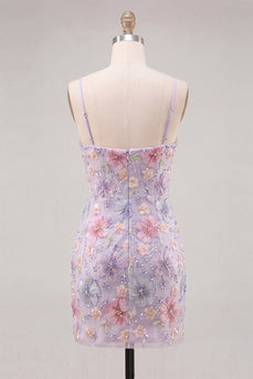 Flieder Floral Bodycon Spaghettiträger Kurzes Abendkleid mit Perlen