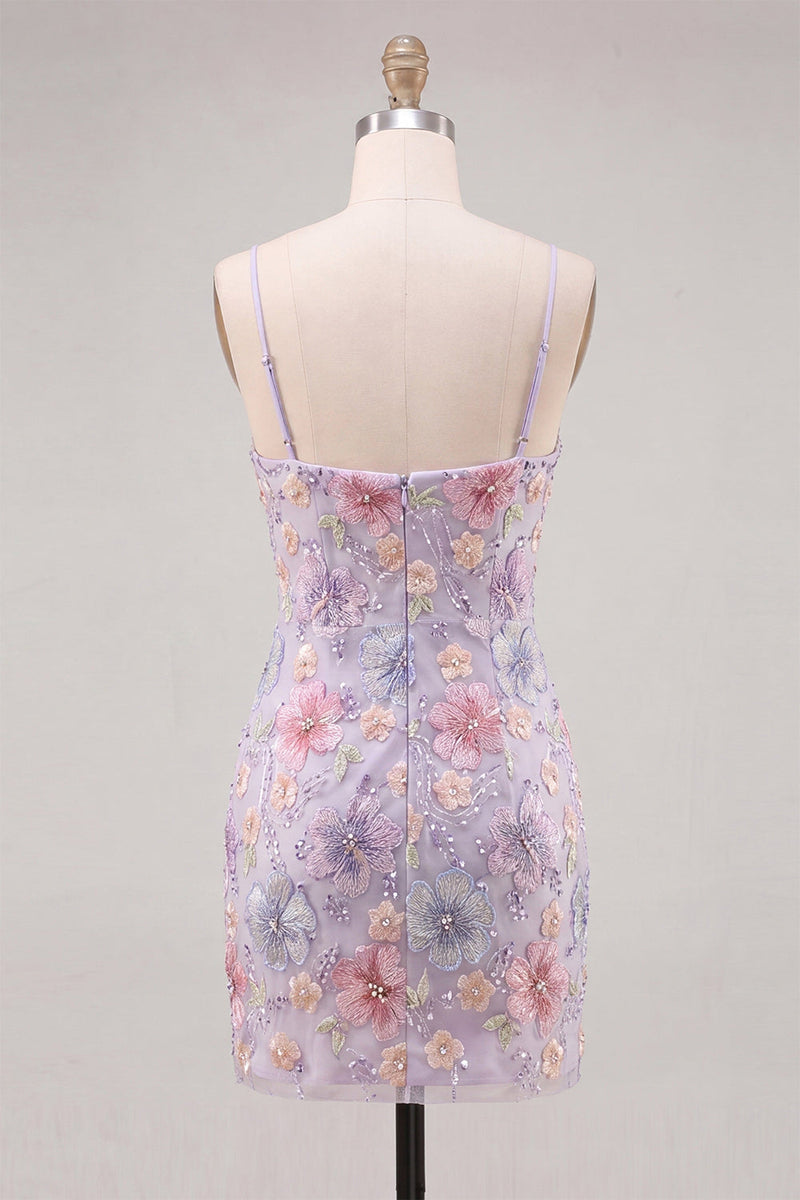Laden Sie das Bild in den Galerie-Viewer, Fliederfarbener Floral Bodycon Spaghettiträger Kurzes Homecoming-Kleid mit Perlen