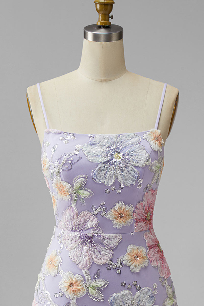 Laden Sie das Bild in den Galerie-Viewer, Flieder Floral Bodycon Spaghettiträger Kurzes Abendkleid mit Perlen