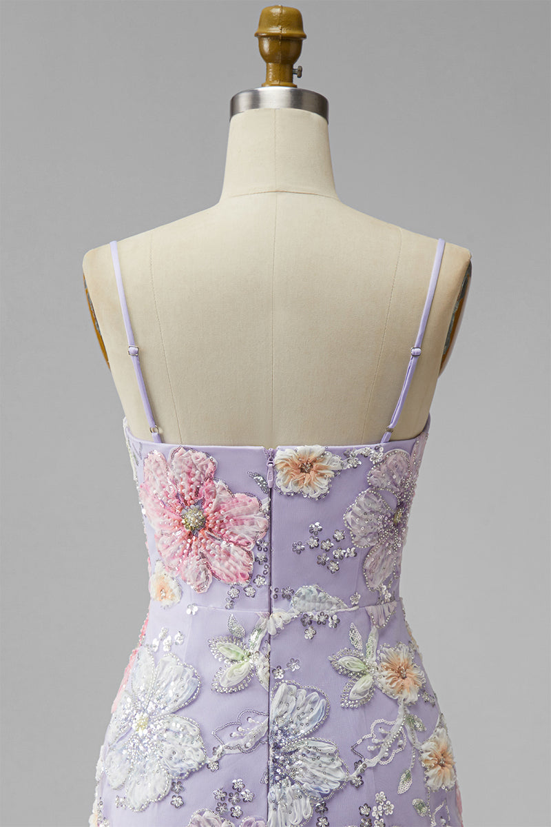 Laden Sie das Bild in den Galerie-Viewer, Flieder Floral Bodycon Spaghettiträger Kurzes Abendkleid mit Perlen