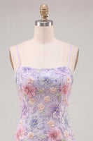 Laden Sie das Bild in den Galerie-Viewer, Fliederfarbener Floral Bodycon Spaghettiträger Kurzes Homecoming-Kleid mit Perlen
