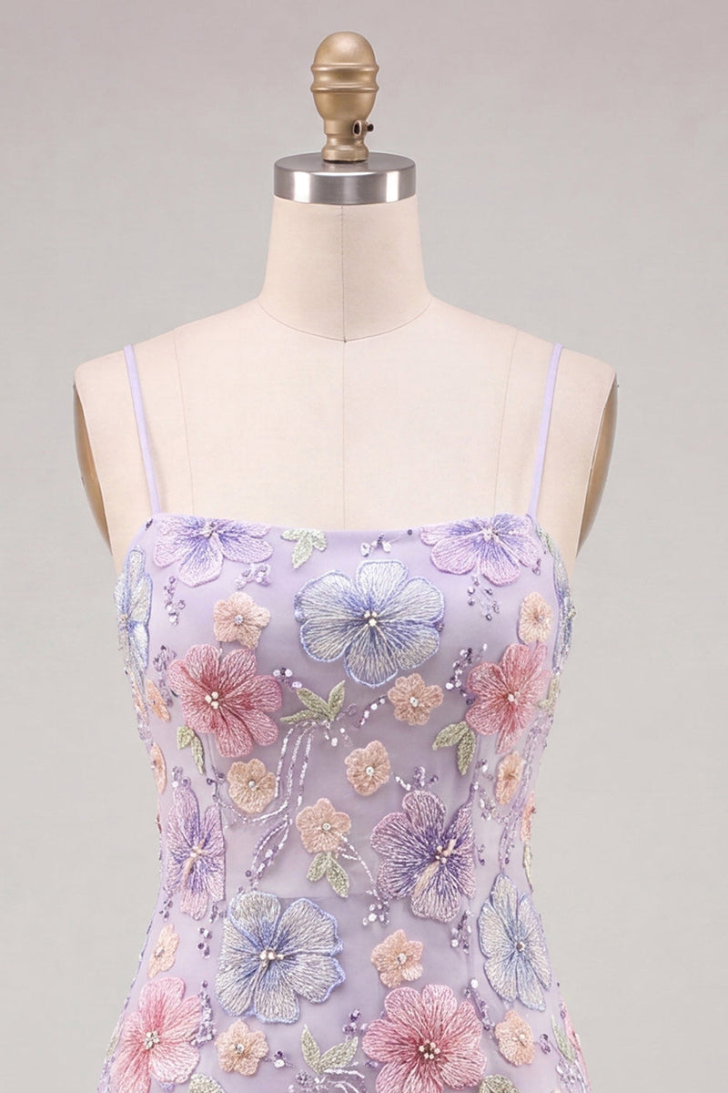 Laden Sie das Bild in den Galerie-Viewer, Fliederfarbener Floral Bodycon Spaghettiträger Kurzes Homecoming-Kleid mit Perlen