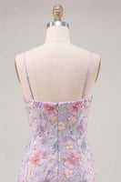 Laden Sie das Bild in den Galerie-Viewer, Fliederfarbener Floral Bodycon Spaghettiträger Kurzes Homecoming-Kleid mit Perlen