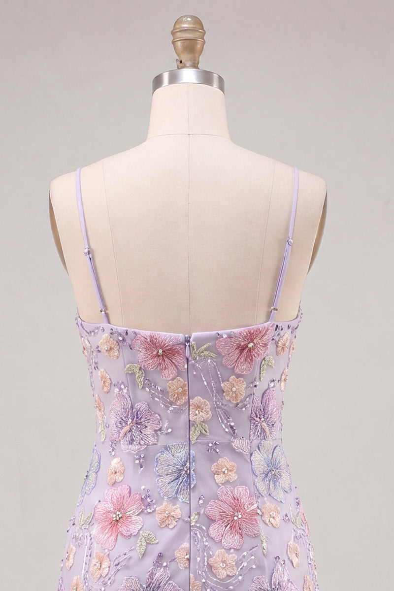 Laden Sie das Bild in den Galerie-Viewer, Fliederfarbener Floral Bodycon Spaghettiträger Kurzes Homecoming-Kleid mit Perlen