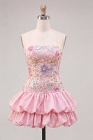 Laden Sie das Bild in den Galerie-Viewer, Trägerloses, pinkes, florales A-Line-Homecoming-Kleid mit Pailletten