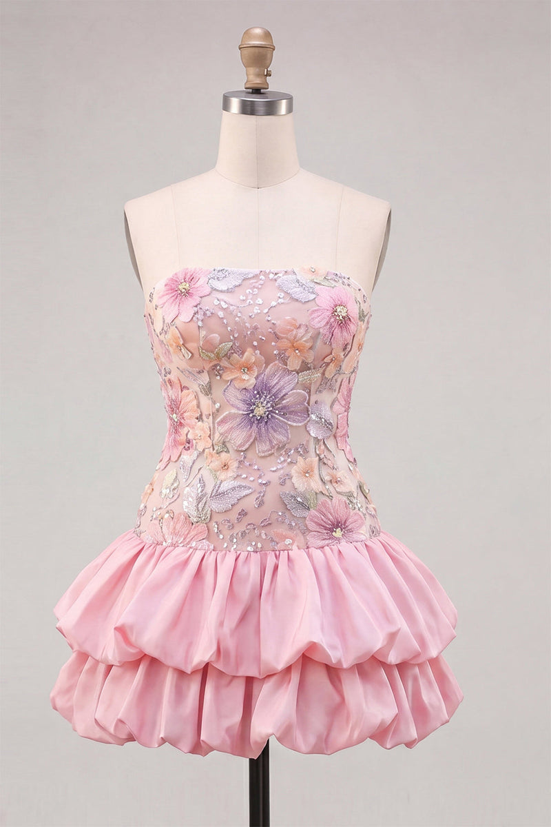 Laden Sie das Bild in den Galerie-Viewer, Trägerloses, pinkes, florales A-Line-Homecoming-Kleid mit Pailletten