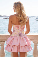 Laden Sie das Bild in den Galerie-Viewer, Trägerloses Rosa Florales A-Linie Kurzes Abendkleid mit Pailletten