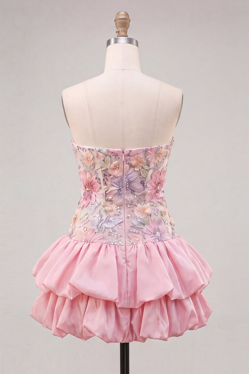Laden Sie das Bild in den Galerie-Viewer, Trägerloses, pinkes, florales A-Line-Homecoming-Kleid mit Pailletten