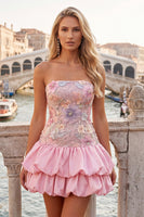 Laden Sie das Bild in den Galerie-Viewer, Trägerloses, pinkes, florales A-Line-Homecoming-Kleid mit Pailletten
