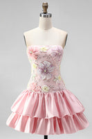 Laden Sie das Bild in den Galerie-Viewer, Trägerloses Rosa Florales A-Linie Kurzes Abendkleid mit Pailletten