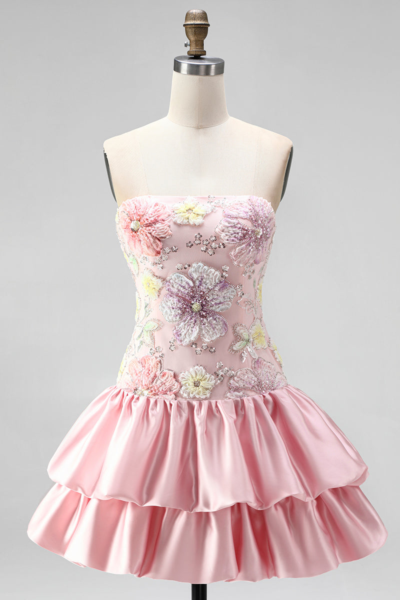 Laden Sie das Bild in den Galerie-Viewer, Trägerloses Rosa Florales A-Linie Kurzes Abendkleid mit Pailletten