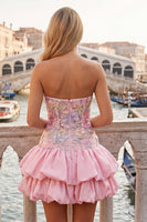 Laden Sie das Bild in den Galerie-Viewer, Trägerloses, pinkes, florales A-Line-Homecoming-Kleid mit Pailletten