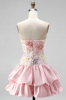 Laden Sie das Bild in den Galerie-Viewer, Trägerloses Rosa Florales A-Linie Kurzes Abendkleid mit Pailletten