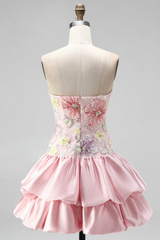 Trägerloses Rosa Florales A-Linie Kurzes Abendkleid mit Pailletten