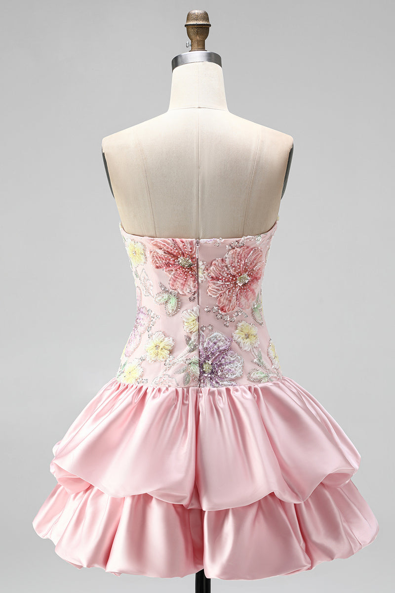 Laden Sie das Bild in den Galerie-Viewer, Trägerloses Rosa Florales A-Linie Kurzes Abendkleid mit Pailletten
