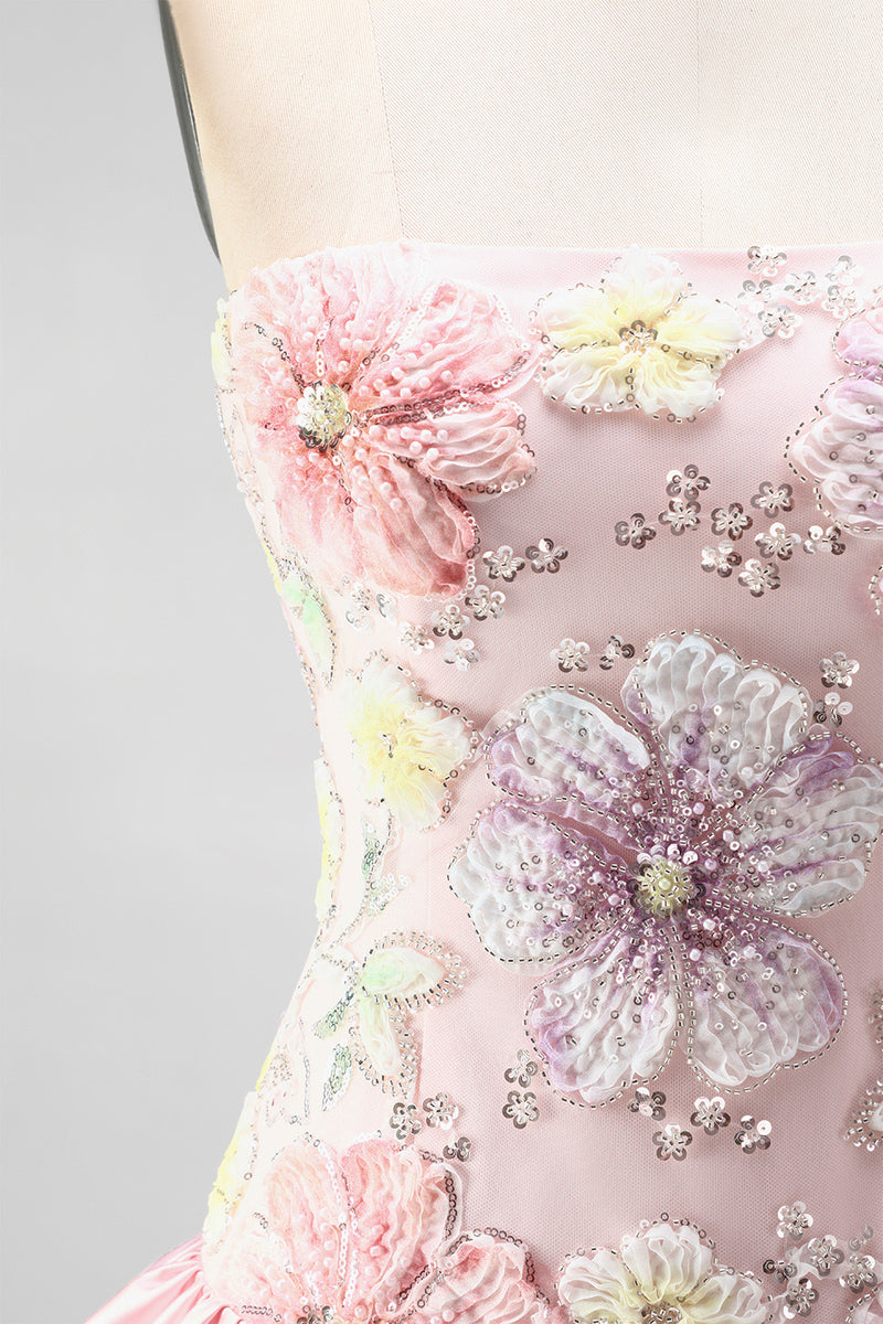 Laden Sie das Bild in den Galerie-Viewer, Trägerloses Rosa Florales A-Linie Kurzes Abendkleid mit Pailletten