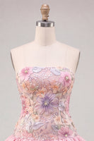 Laden Sie das Bild in den Galerie-Viewer, Trägerloses, pinkes, florales A-Line-Homecoming-Kleid mit Pailletten
