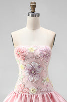 Laden Sie das Bild in den Galerie-Viewer, Trägerloses Rosa Florales A-Linie Kurzes Abendkleid mit Pailletten