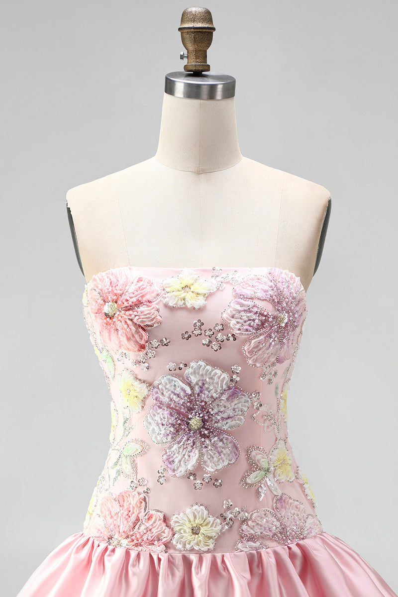 Laden Sie das Bild in den Galerie-Viewer, Trägerloses Rosa Florales A-Linie Kurzes Abendkleid mit Pailletten